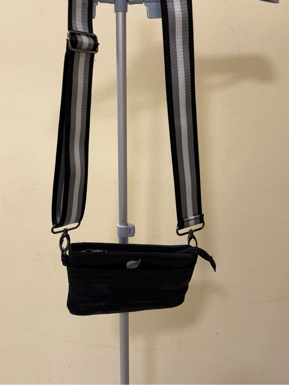 THINK ROYLN Black Sling Bag with Monochrome Striped Strap